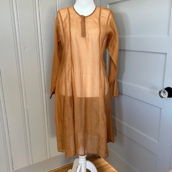 Nadia Boyer Vidal Dresses & Skirts - Nadia Boyer Vidal Women XL Embroidered Split Neck Tunic Dress Carmel Long Sleeve